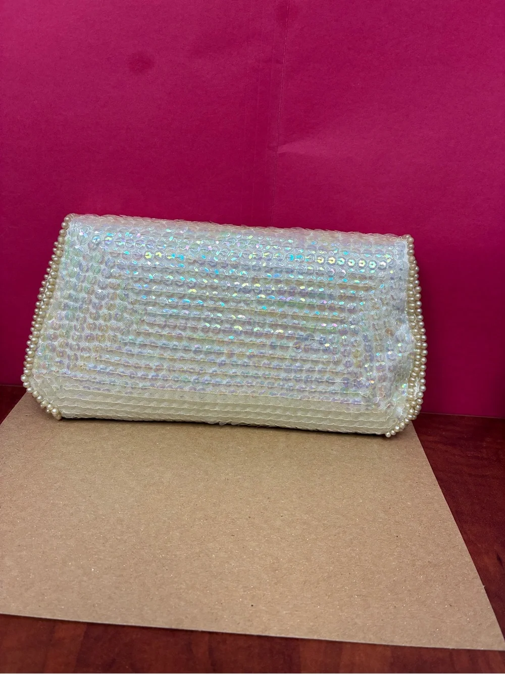 La Regale Pearl & Sequin Ivory Floral Clutch